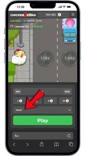 Chicken Road 2 difficulty menu with Easy, Medium, Hard and Hardcore modes
