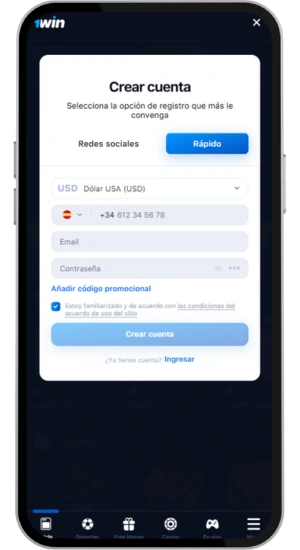 Pantalla de registro del casino