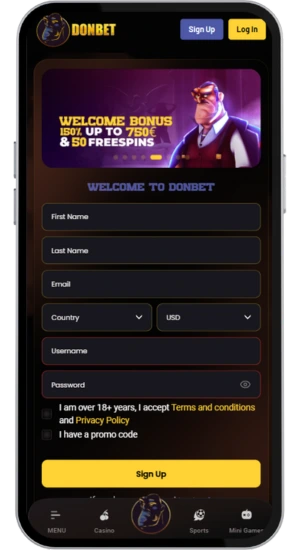 Casino registration screen