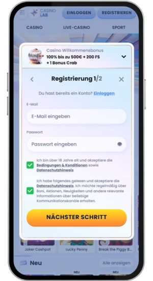 Registrierungsformular im Casino