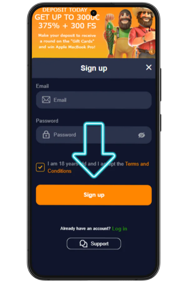 Casino registration screen