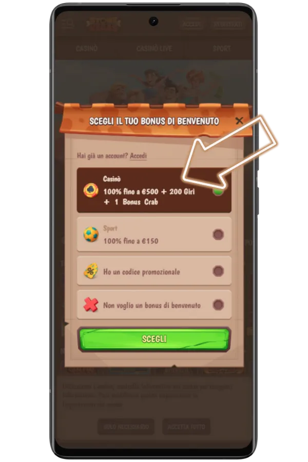 Schermata di registrazione del casinò