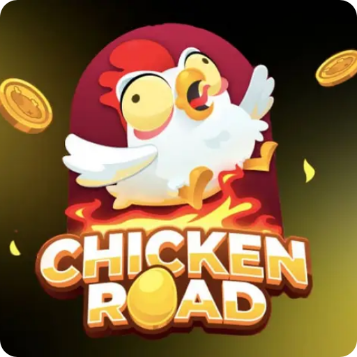 Chicken Road game logo: cartoon chicken on a dark background with flames and coins