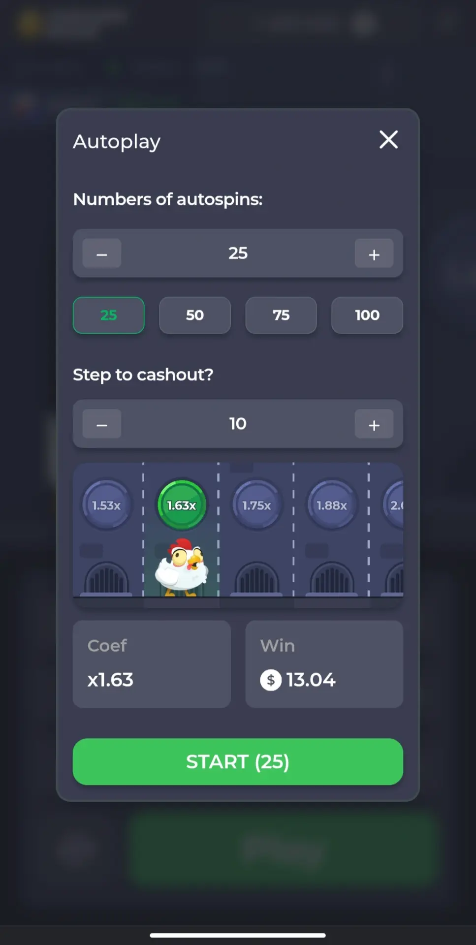 Auto play menu in Chicken Road with round and stake settings