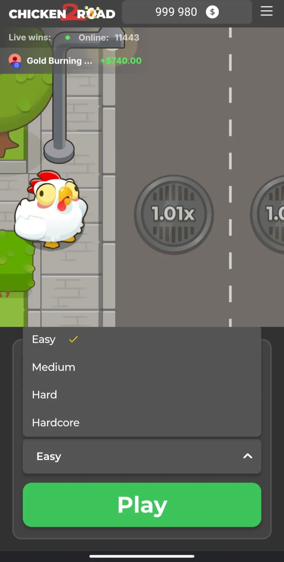 Difficulty selection in Chicken Road 2 with Easy, Medium, Hard and Hardcore modes