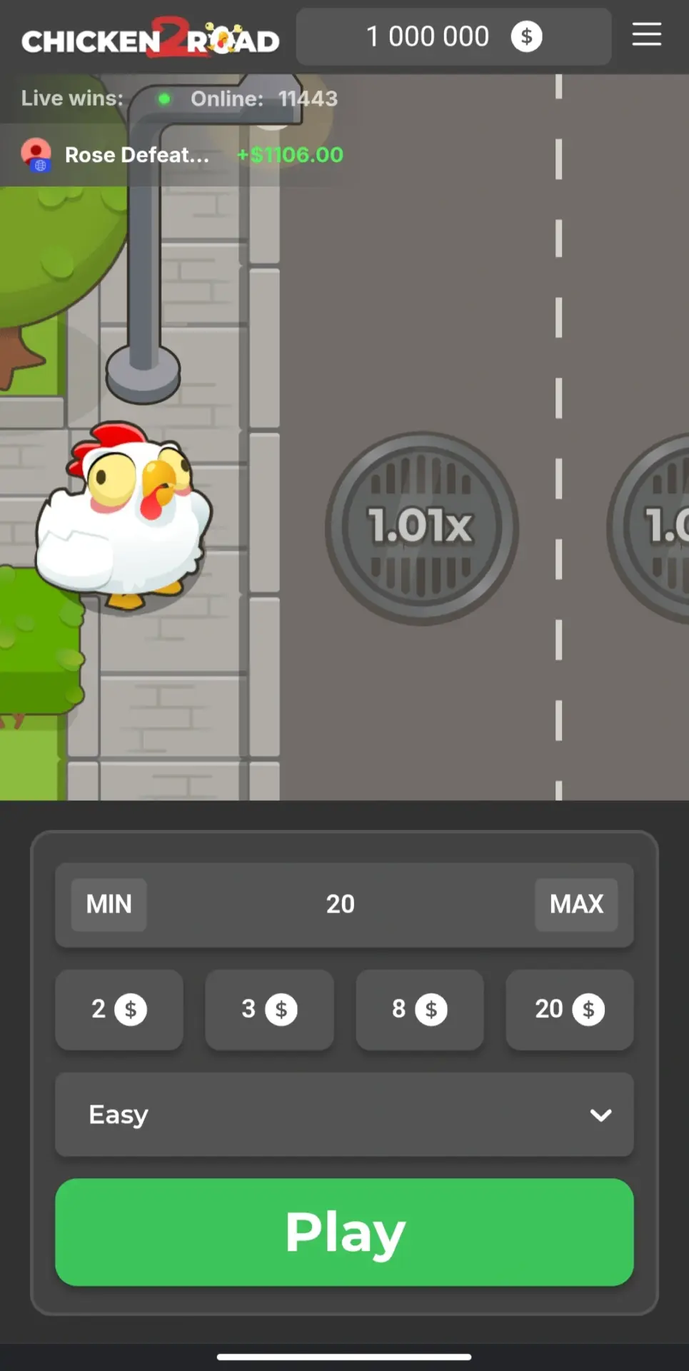 Chicken Road 2 home screen with the chicken ready at the start of the motorway
