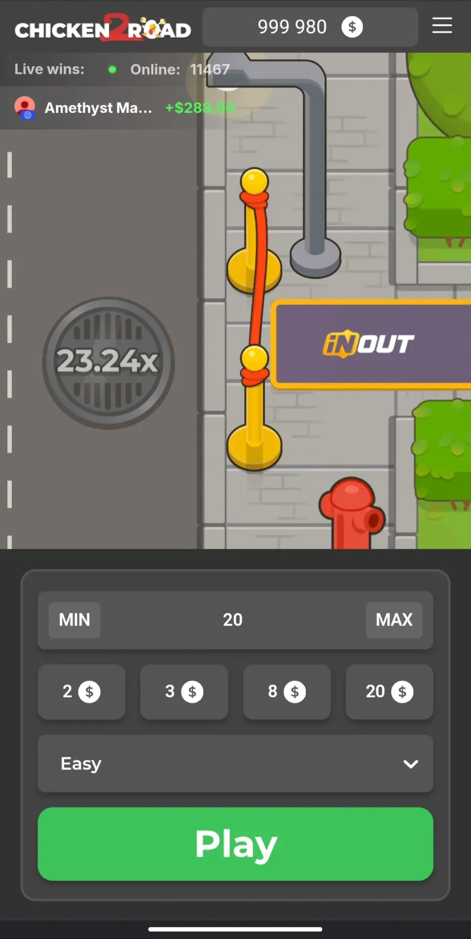 Chicken Road 2 loading screen with the InOut Games logo